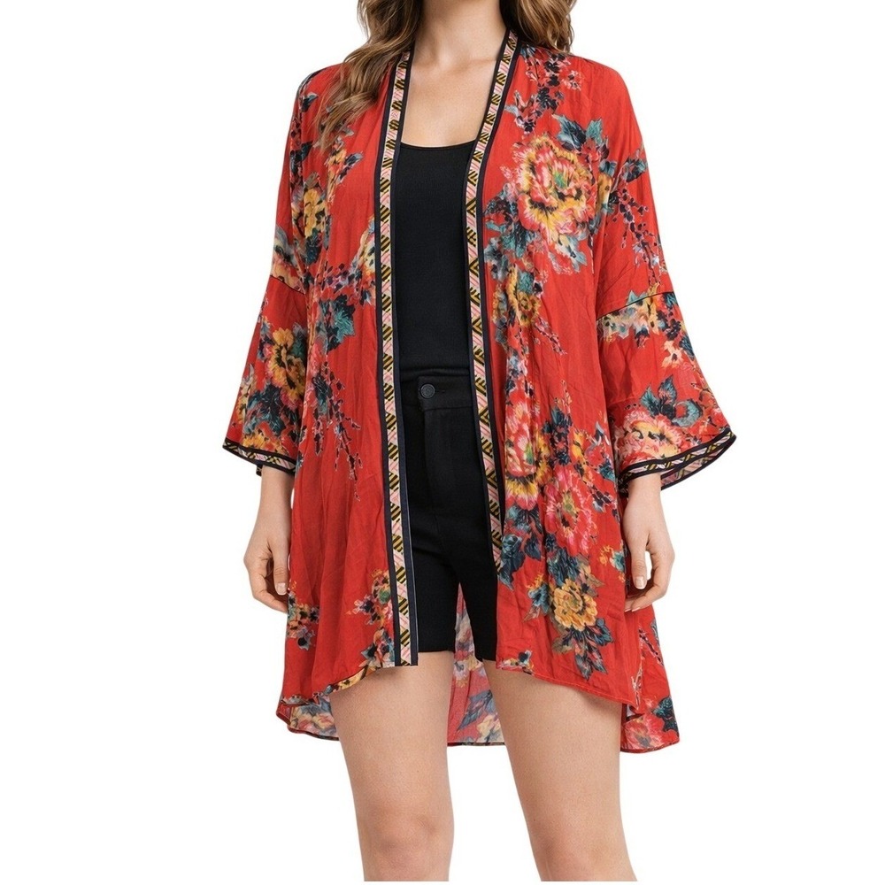 Flying Tomato Red Floral Kimono Wrap Open Front Rayon Cardigan M/L Boho Vacation